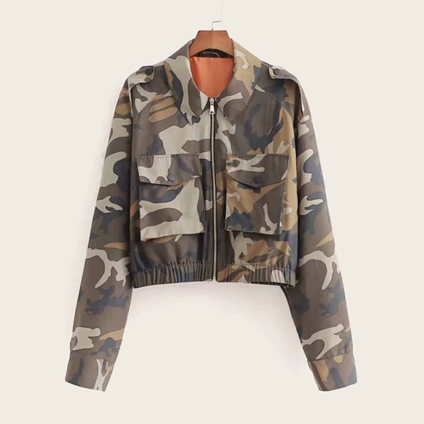 

Camo Print Zip Up Crop Utility Jacket