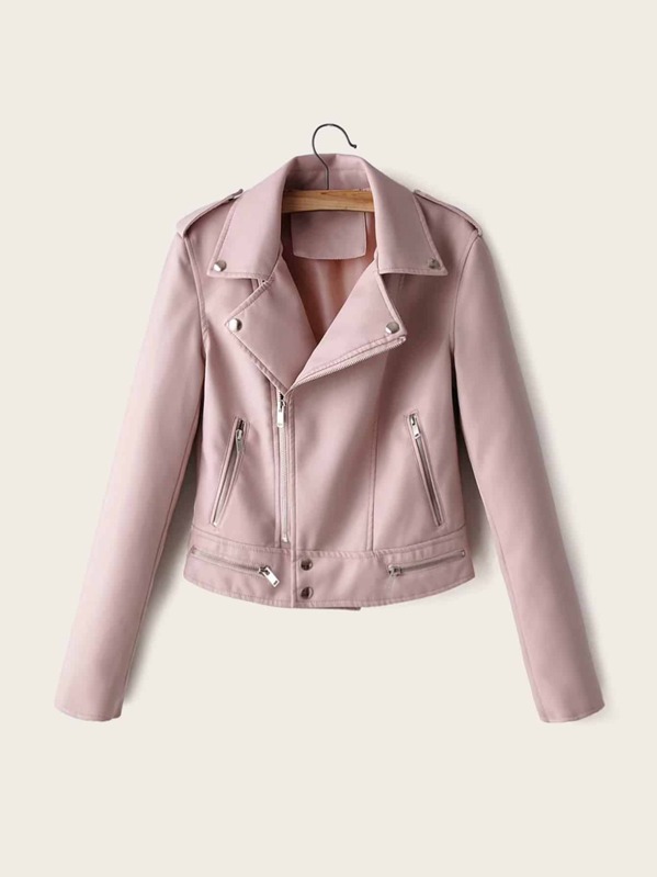 

Epaulet Zip Up PU Biker Jacket, Pink