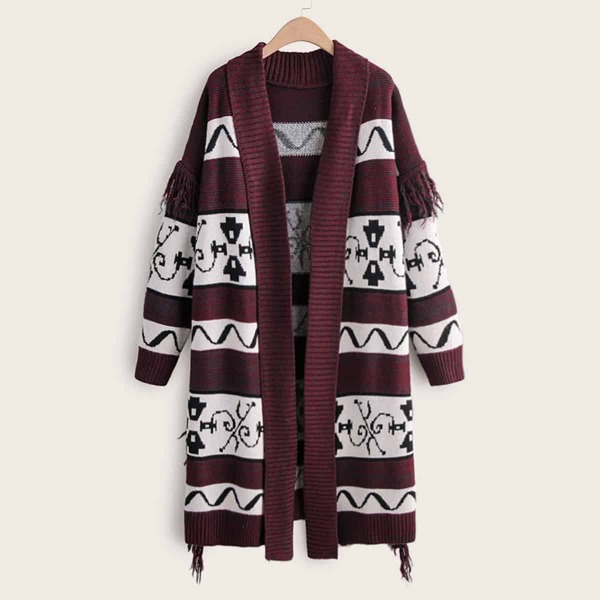 

Graphic Fringe Trim Drop Shoulder Longline Cardigan