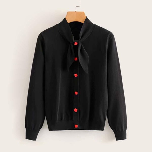 

Button Through Tie Neck Cardigan, Black