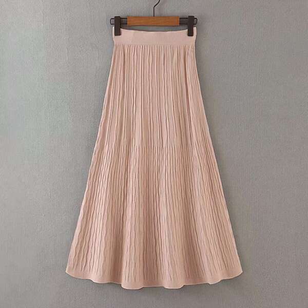 

Solid Elastic Waist Flared Hem Sweater Skirt, Pink