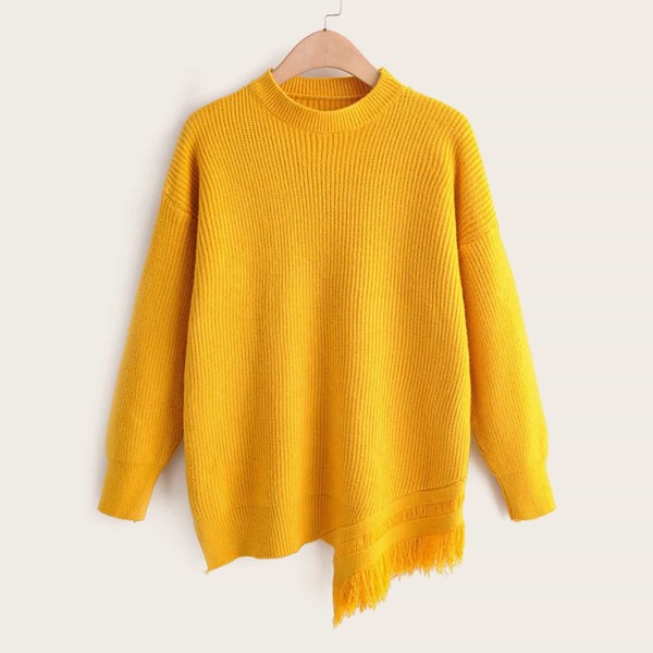 

Mock Neck Fringe Asymmetrical Hem Jumper, Yellow bright