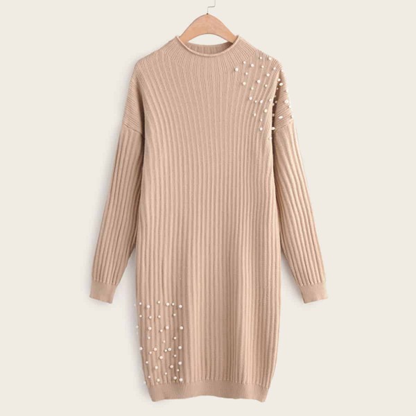 

Pearls Beaded Mock Neck Longline Sweater, Khaki