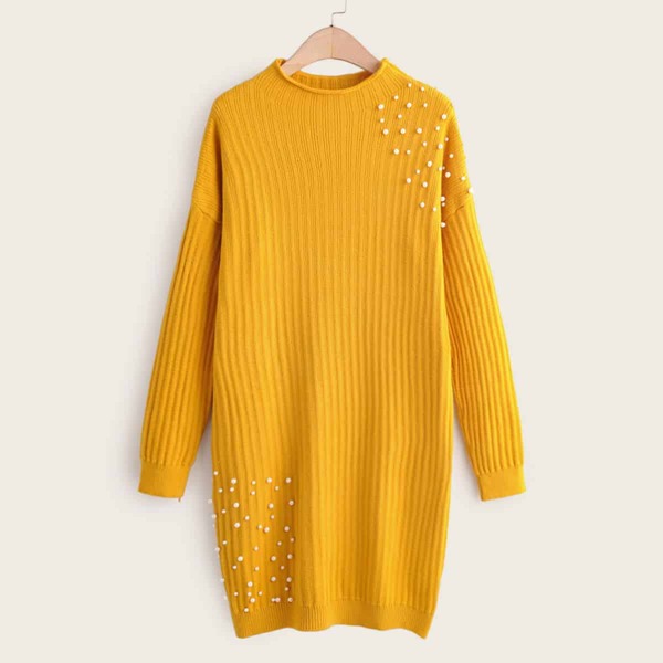 

Pearls Beaded Mock Neck Longline Sweater