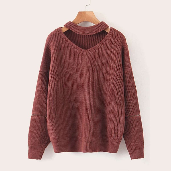 

Solid Choker Neck Drop Shoulder Jumper, Brown