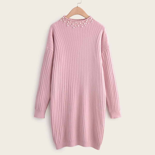 

Pearls Beaded Mock Neck Longline Sweater