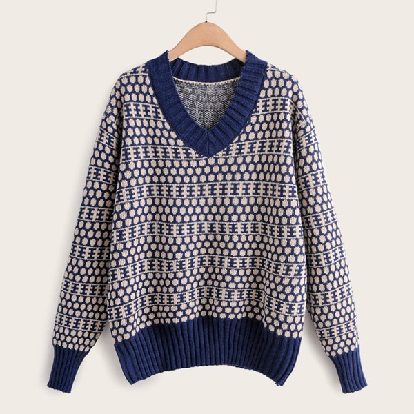 

Geometric Print V-Neck Drop Shoulder Jumper, Multicolor