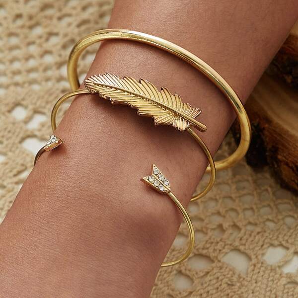 

Leaf & Rhinestone Engraved Arrow Decor Cuff Bracelet 3pcs, Gold