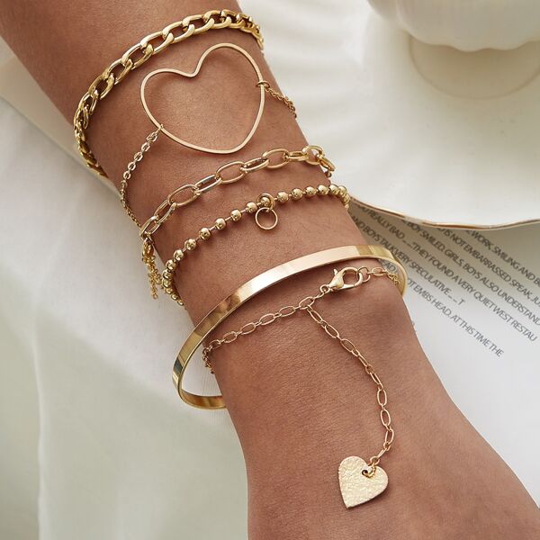 

Heart Decor Chain Bracelet 6pcs, Gold
