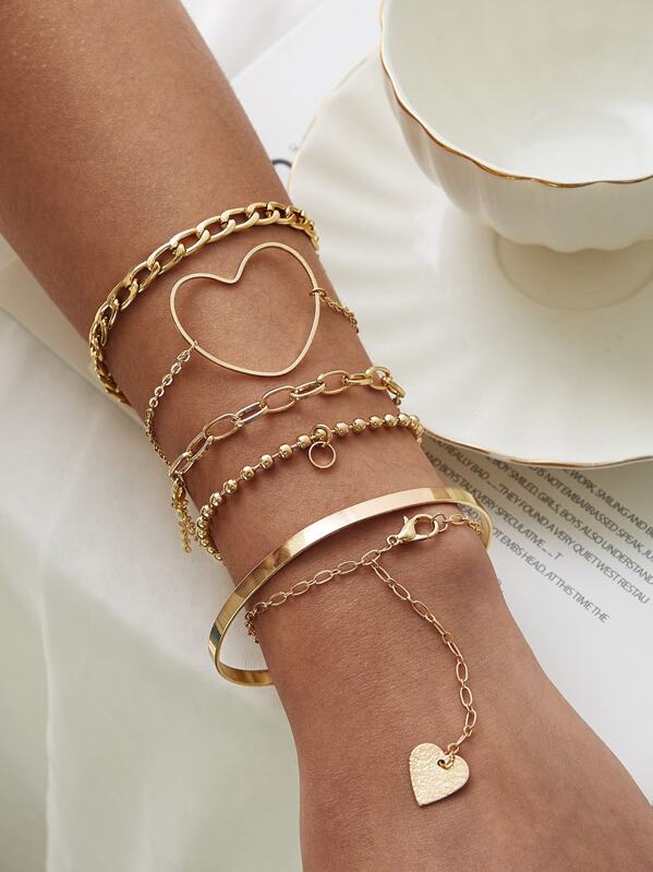 

Heart Decor Chain Bracelet 6pcs, Gold