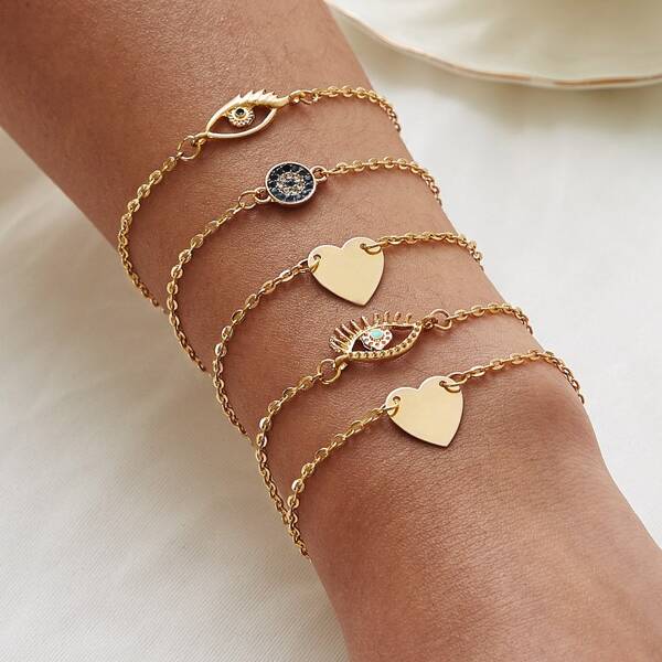 

Eye & Heart Decor Chain Bracelet 5pcs, Multicolor