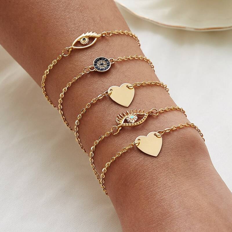 

Eye & Heart Decor Chain Bracelet 5pcs, Multicolor