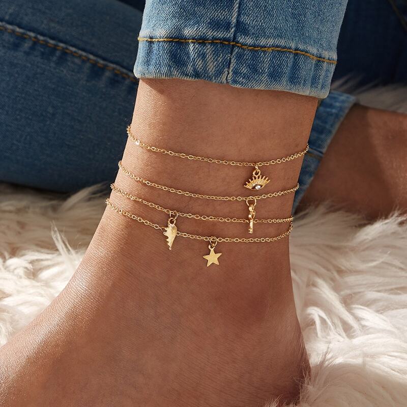 

Eye & Key Charm Chain Anklet 4pcs, Gold
