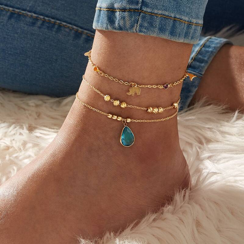 

Elephant & Waterdrop Decor Chain Anklet 3pcs, Gold