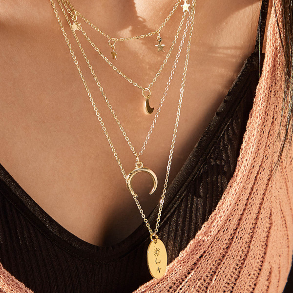 

1pc Moon & Geometric Charm Layered Necklace, Gold