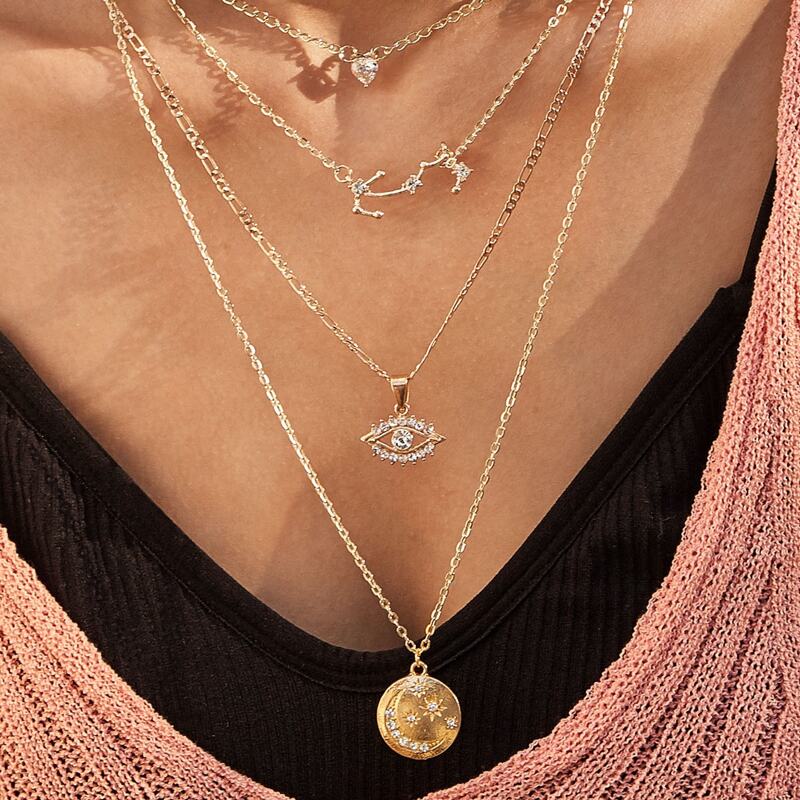 

1pc Rhiinestone Engraved Eye & Moon Charm Layered Necklace, Gold