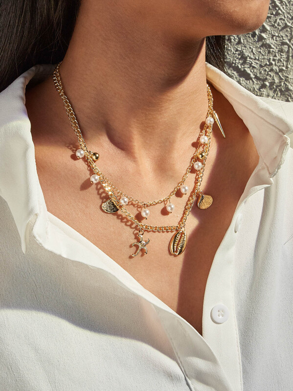 

1pc Shell & Starfish Charm Layered Necklace, Gold