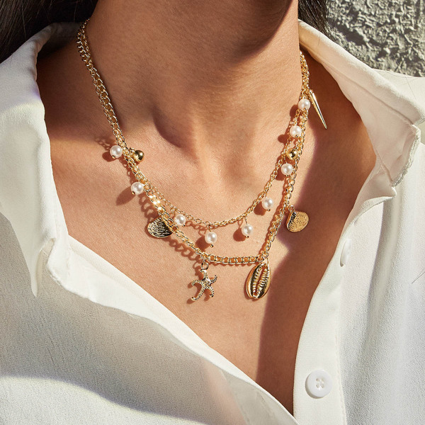 

1pc Shell & Starfish Charm Layered Necklace, Gold
