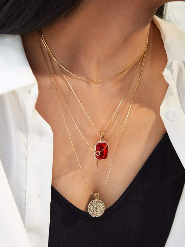 

Round & Cross Charm Layered Necklace 1pc, Gold