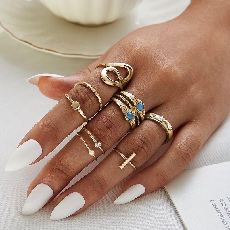 

8pcs Faux Pearl & Rhinestone Decor Ring, Gold