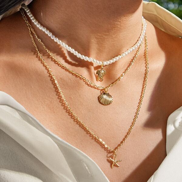 

1pc Starfish & Shell Charm Layered Necklace, Gold