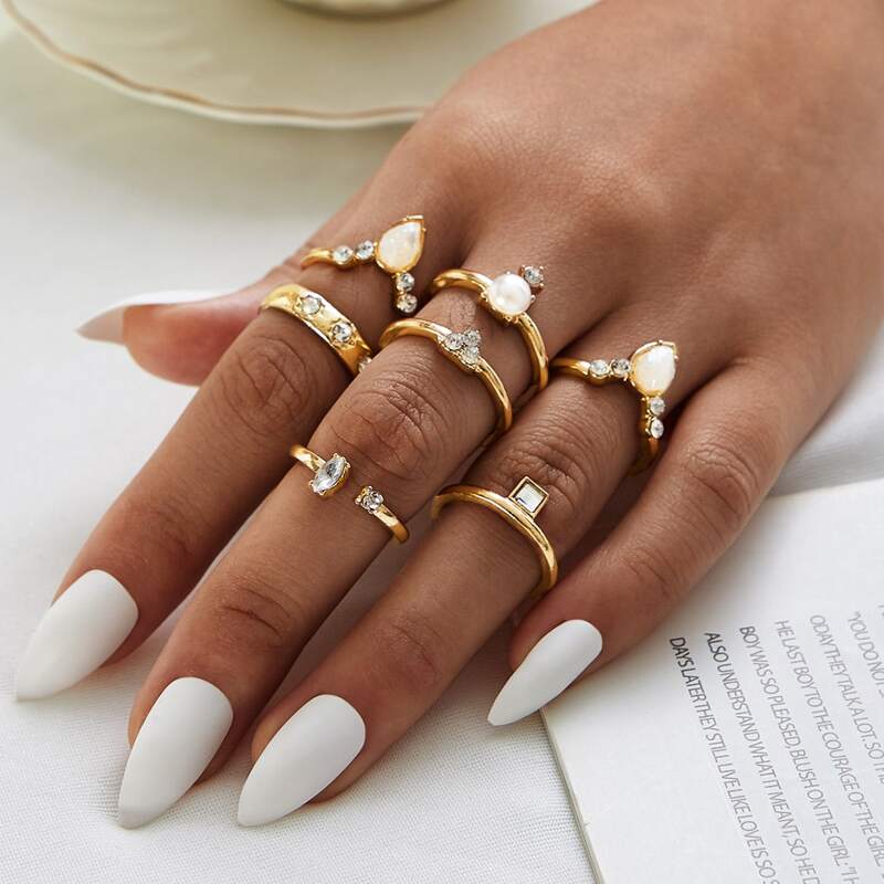 

Rhinestone & Faux Pearl Decor Ring 7pcs, Gold
