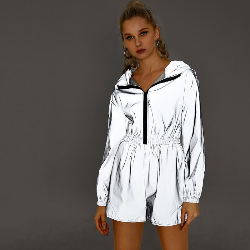 

Reflective Zip Front Elastic Waist Hooded Romper, Grey
