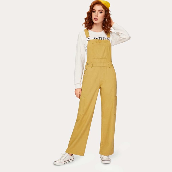 

Solid Pocket Front Denim Overalls, Yellow