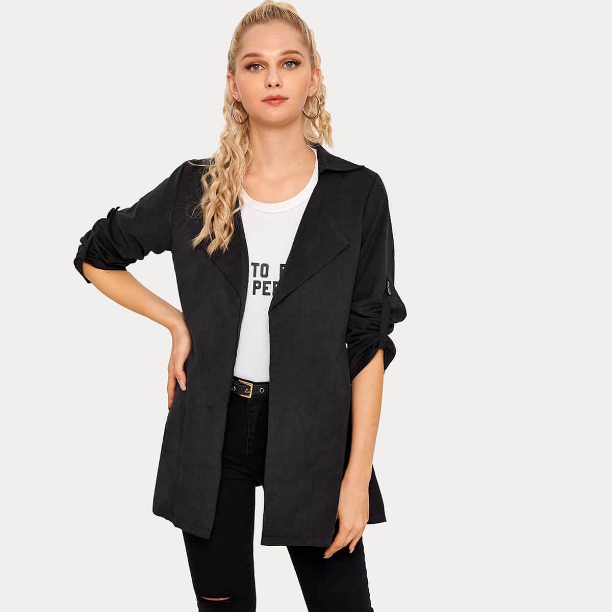 

Solid Roll-up Sleeve Trench Coat, Black