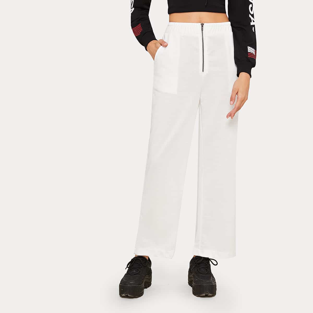 

Zip Front Straight Leg Solid Pants, White