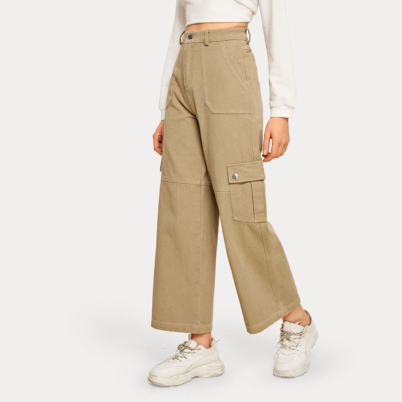 

Solid Flap Pocket Side Wide Leg Jeans, Khaki