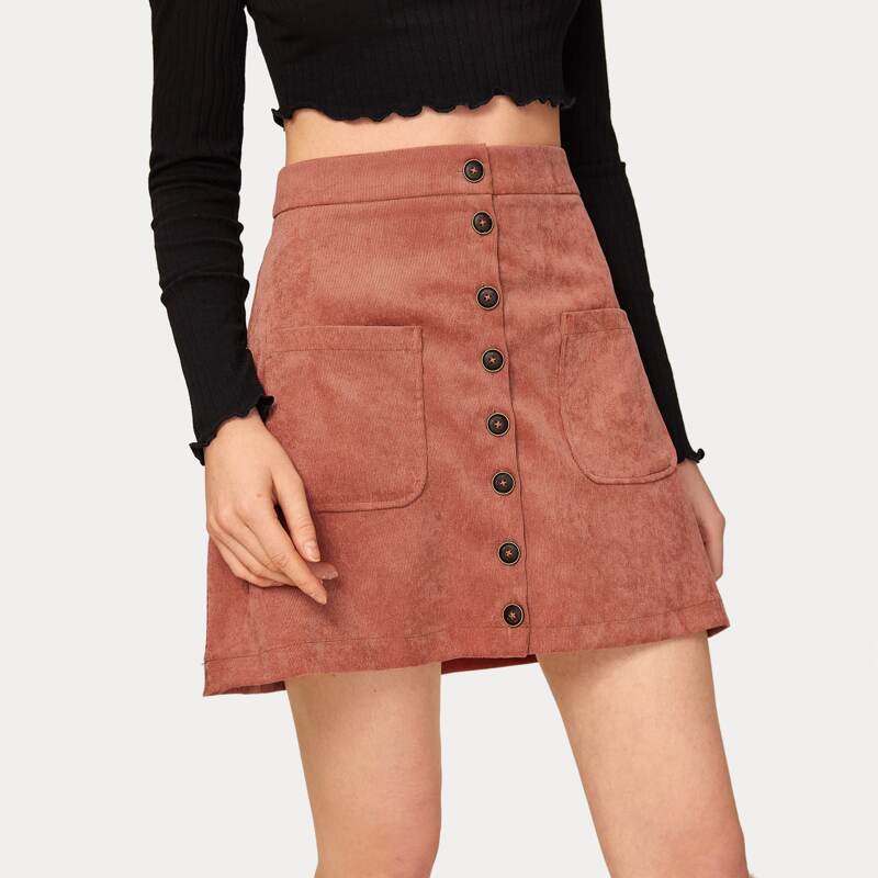 

Solid Button Front Dual Pocket Corduroy Skirt, Red