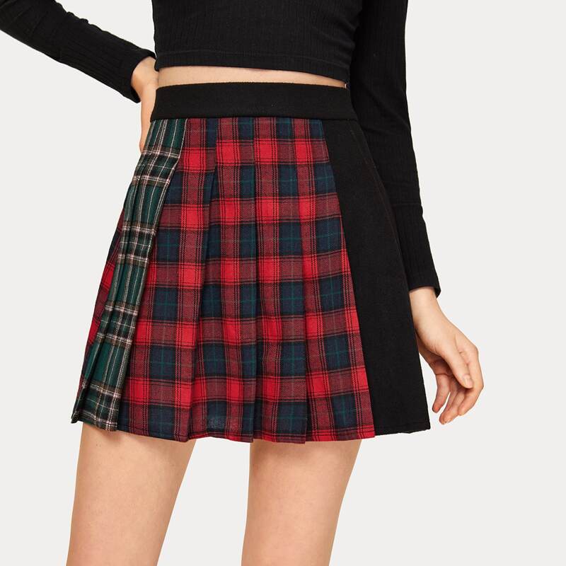 

Color-block Tartan Mini Pleated Skirt, Multicolor