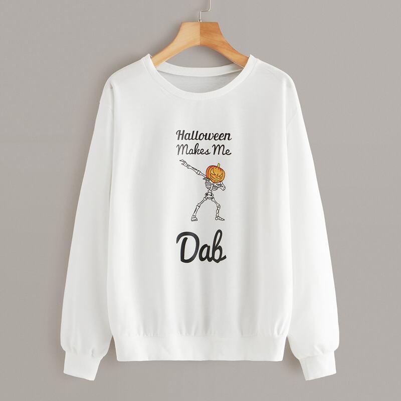 

Halloween & Slogan Graphic Round Neck Sweatshirt, White