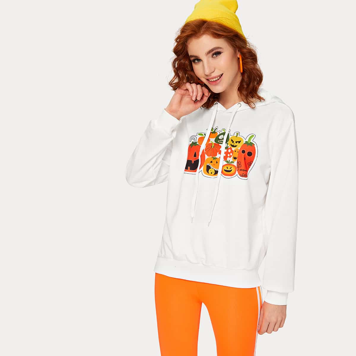 

Halloween Print Drawstring Hooded Sweatshirt, White