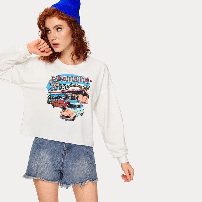 

Car & Letter Graphic Round Neck Sweatshirt, White