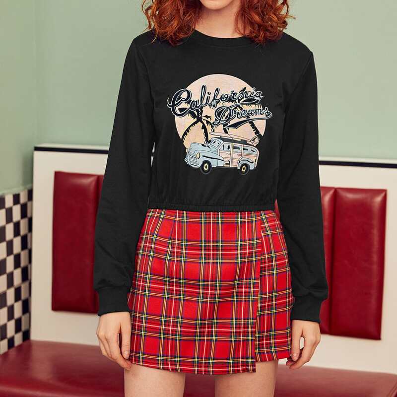 

Car & Letter Graphic Round Neck Sweatshirt, Black
