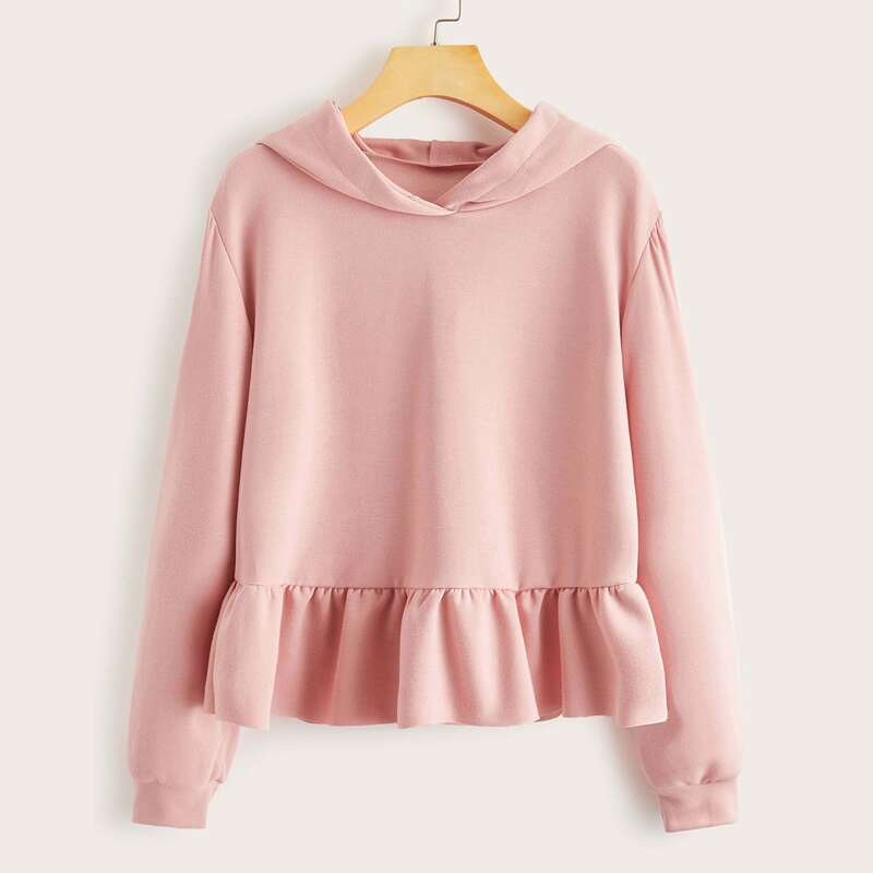 

Solid Ruffle Hem Hooded Sweatshirt, Pink pastel