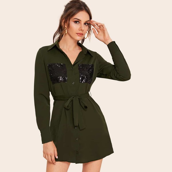

Contrast Sequin Belted Shirt Dress, Army green