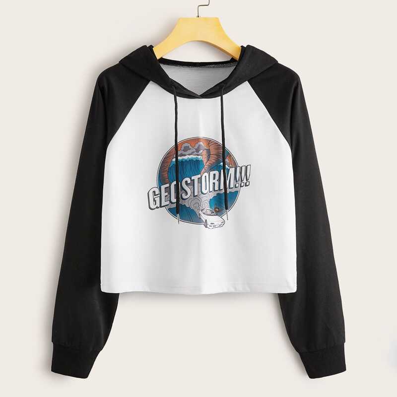 

Letter Graphic Raglan Sleeve Hoodie, Black and white