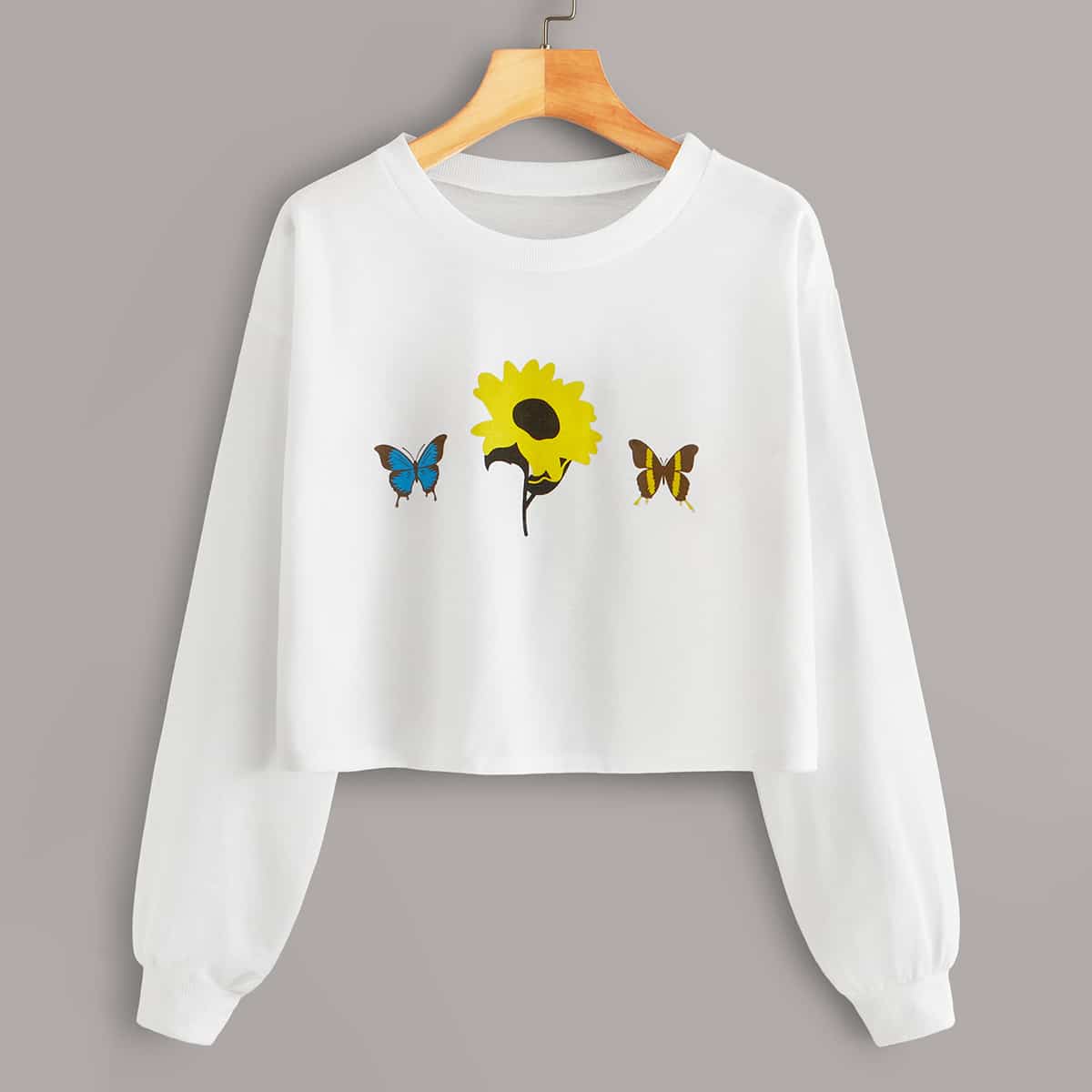 

Butterfly & Floral Print Crop Sweatshirt, White