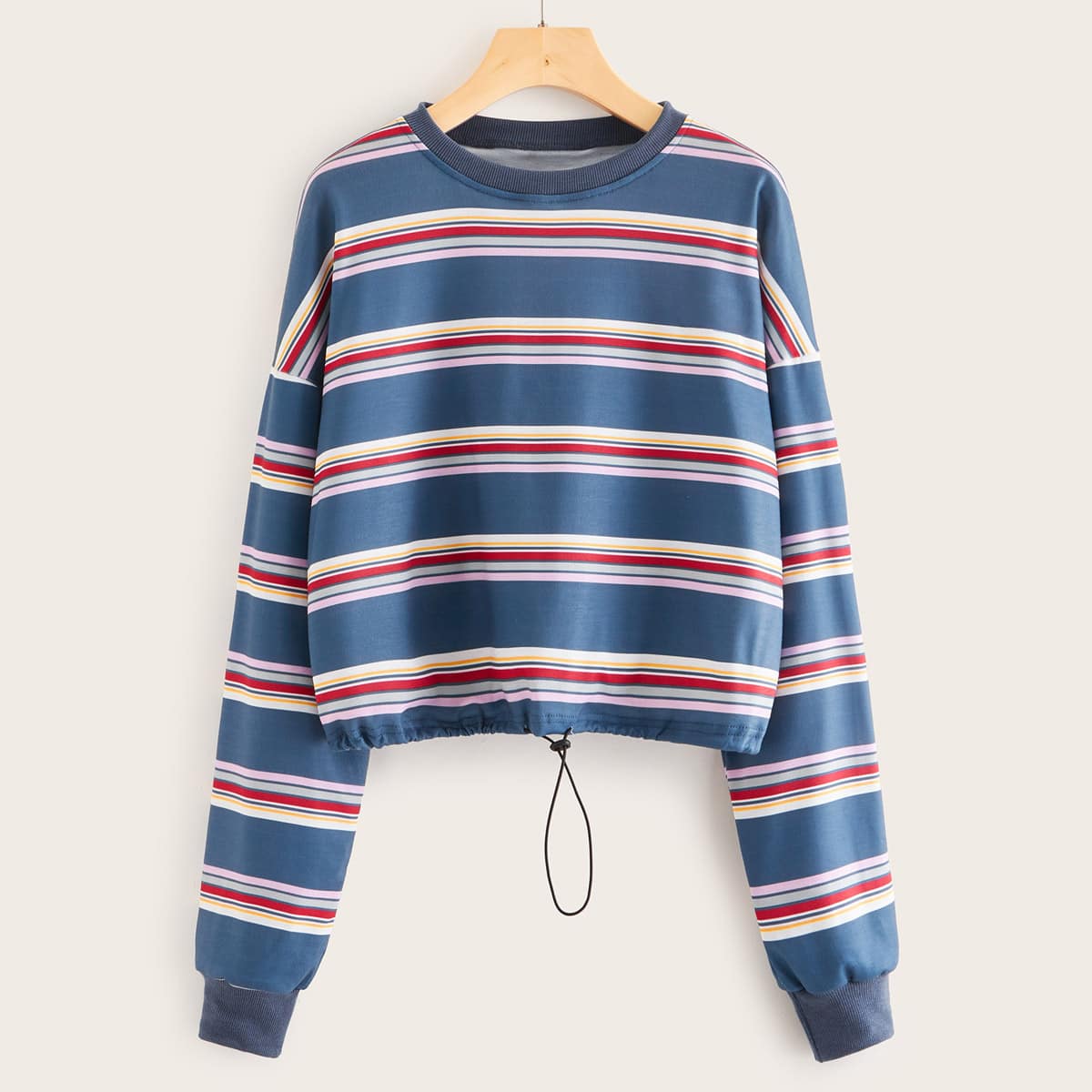 

Striped Drop Shoulder Drawstring Hem Sweatshirt, Blue