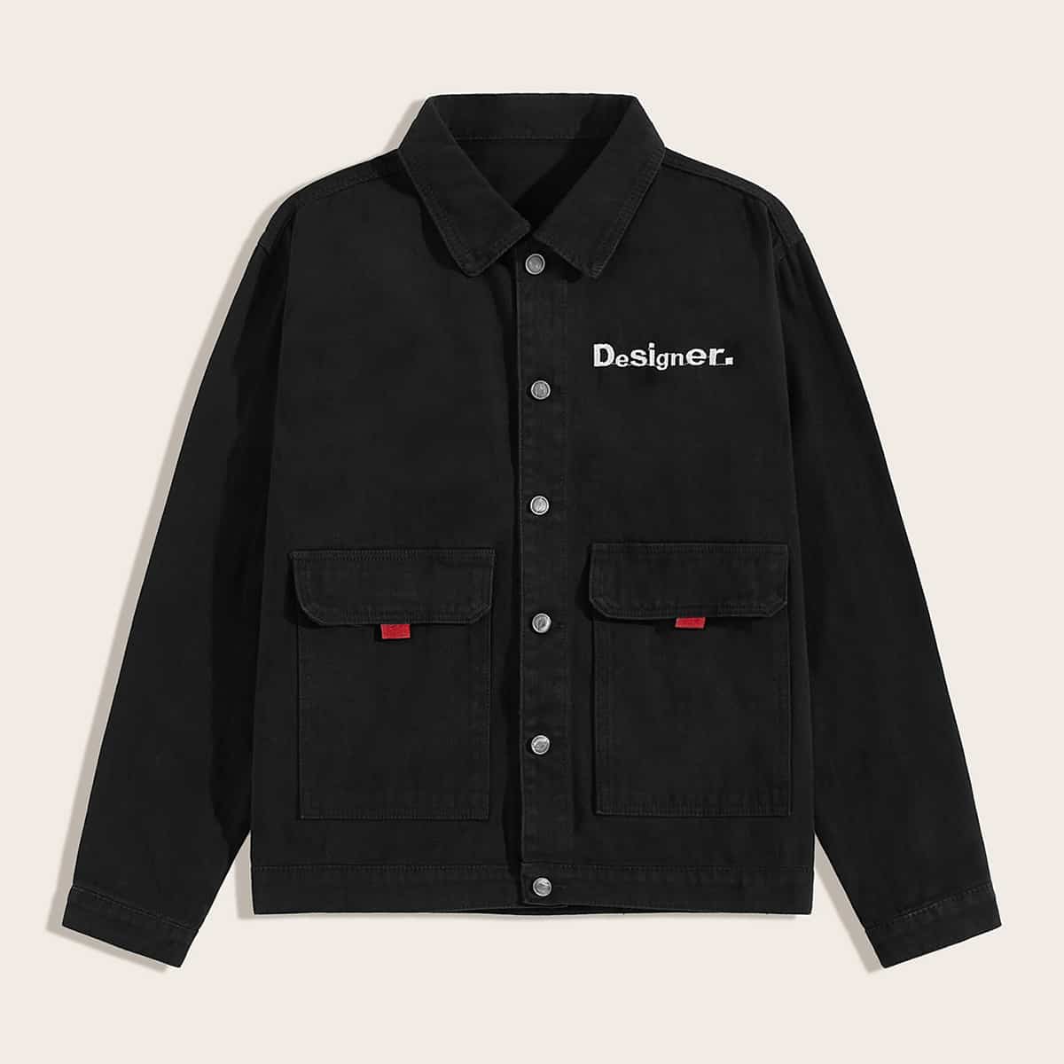 

Guys Letter Embroidered Button Through Denim Jacket, Black
