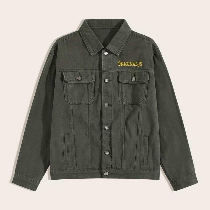 

Guys Letter Embroidered Button Through Denim Jacket, Army green