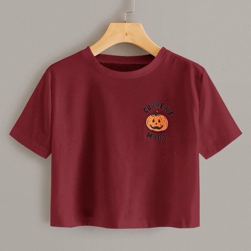 

Halloween Print Short Sleeve Crop Tee, Burgundy