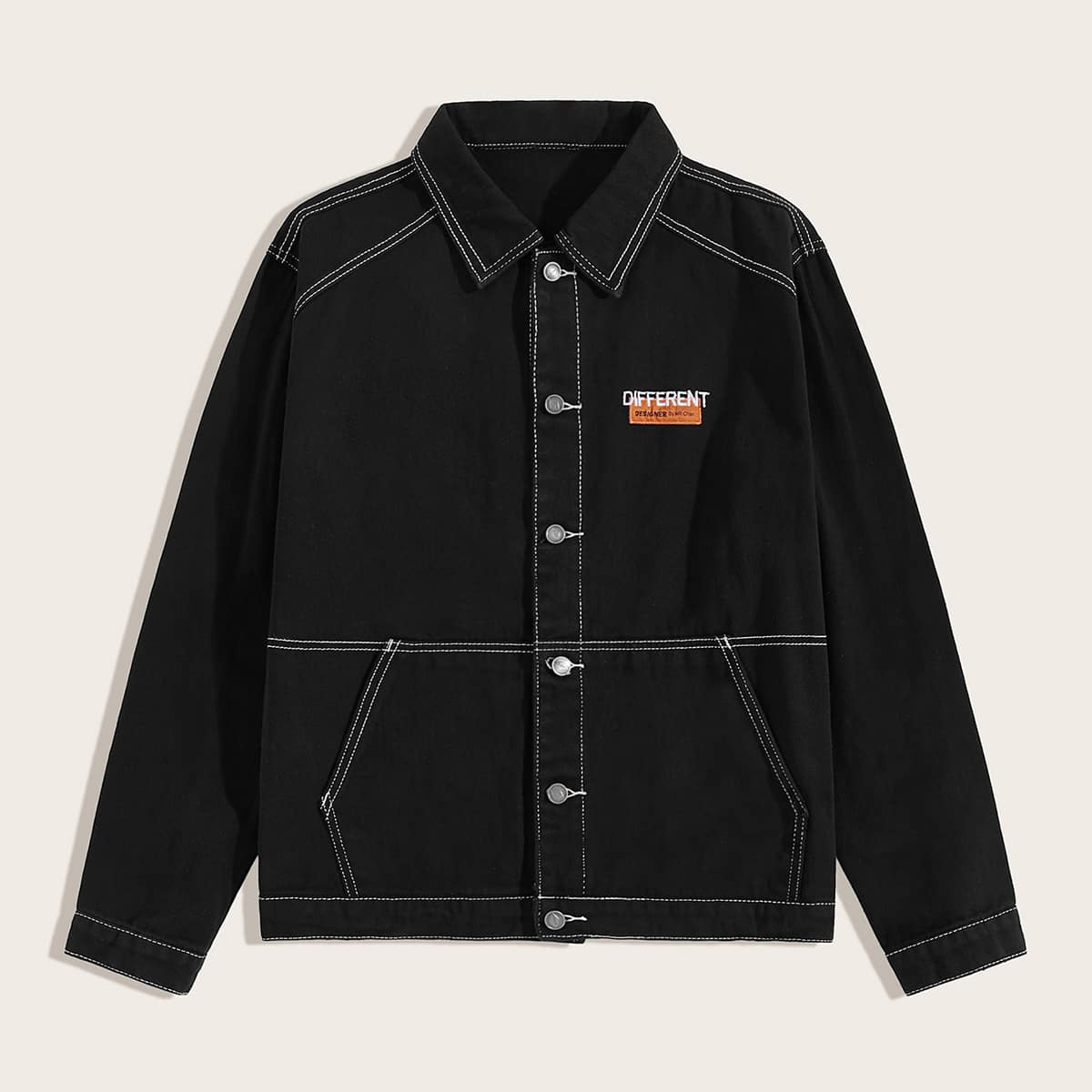 

Guys Letter Embroidered Stitch Detail Denim Jacket, Black