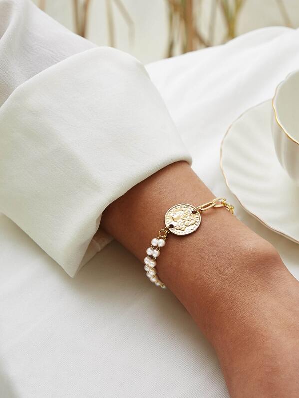 

Coin & Faux Pearl Decor Chain Bracelet 1pc, Gold
