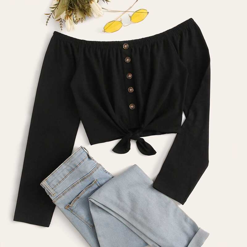 

Bardot Button Front Knot Hem Crop Tee, Black