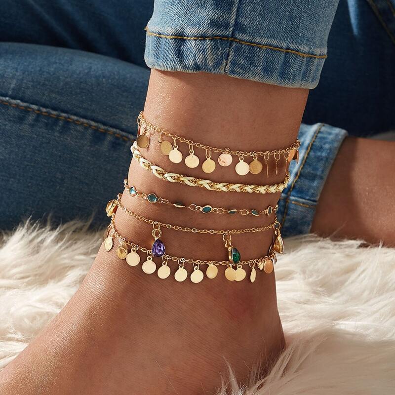

Disc & Rhinestone Decor Chain Anklet 5pcs, Gold