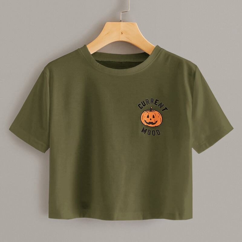 

Halloween Print Short Sleeve Crop Tee, Army green